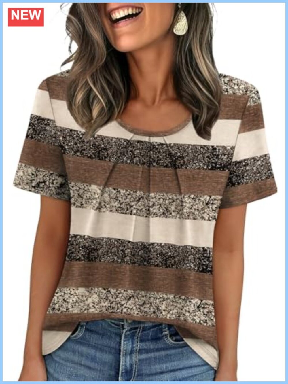 Pleated Short Sleeve Blouse Loose Fit Scoop Neck Top